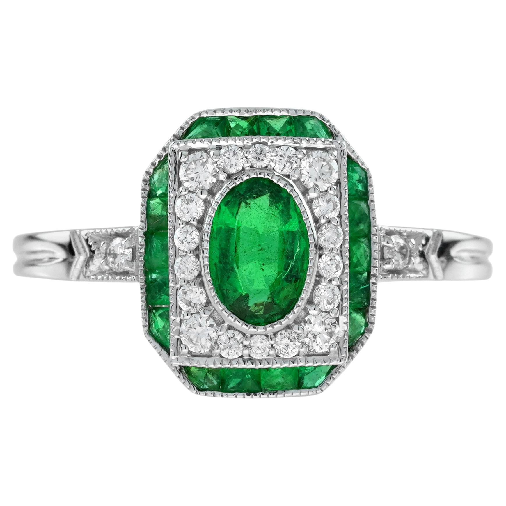 Emerald Diamond Art Deco Style Engagement Ring in 18K White Gold
