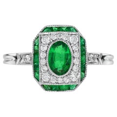 Emerald Diamond Art Deco Style Engagement Ring in 18K White Gold