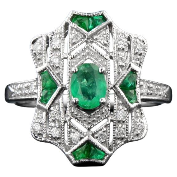 Emerald Diamond Art Deco Style Engagement Ring in 18K White Gold