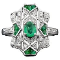 Emerald Diamond Art Deco Style Engagement Ring in 18K White Gold