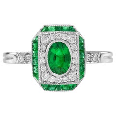 Emerald Diamond Art Deco Style Engagement Ring in 18K White Gold