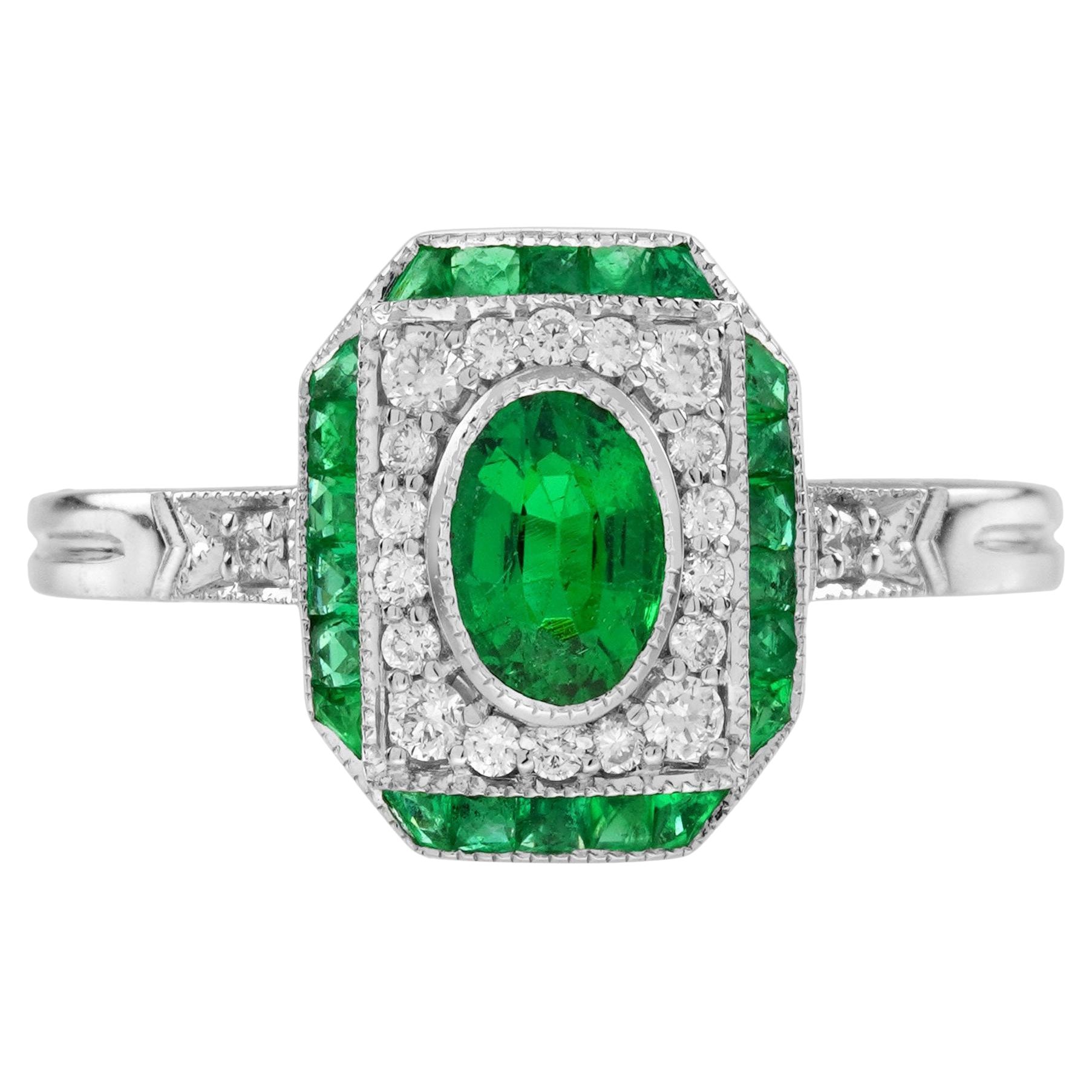 Anello di fidanzamento con diamante smeraldo in stile Art Deco in oro bianco 18 carati