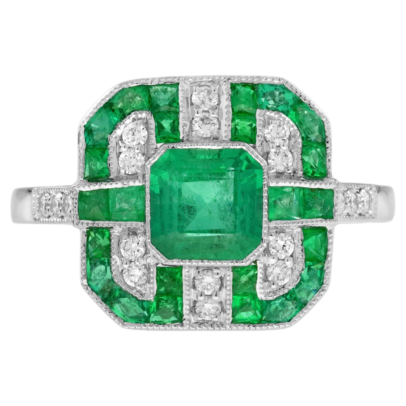 Anillo de compromiso de diamante esmeralda estilo Art Déco en oro blanco de 18 quilates