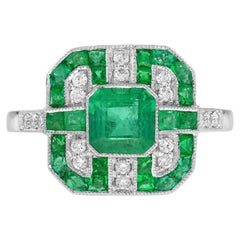 Emerald Diamond Art Deco Style Engagement Ring in 18K White Gold