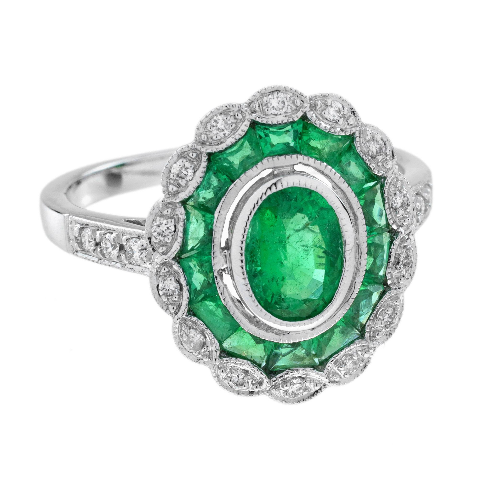 Art déco Emerald Diamond Art Deco Style Halo Engagement Ring in 14K White Gold en vente