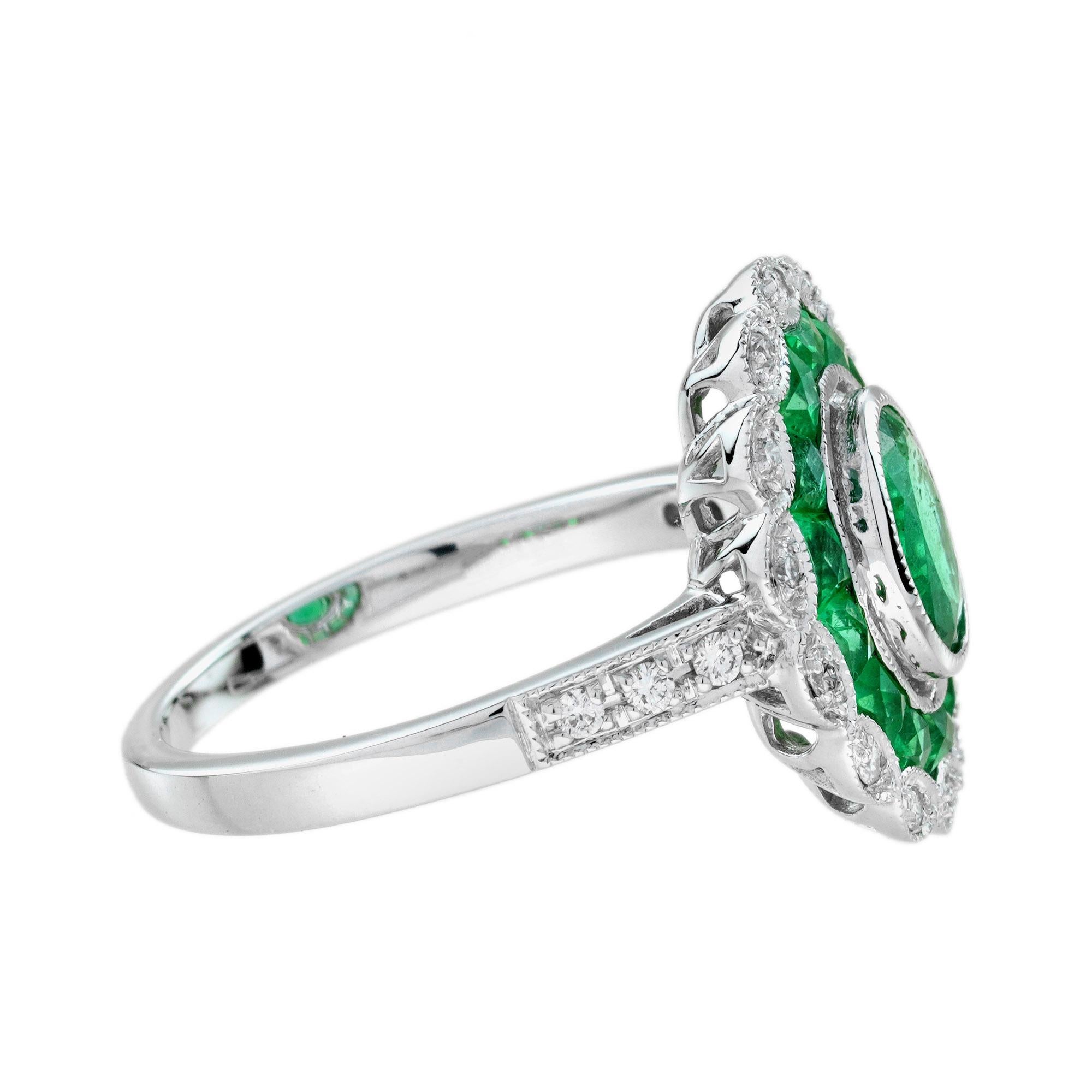 Taille ovale Emerald Diamond Art Deco Style Halo Engagement Ring in 14K White Gold en vente