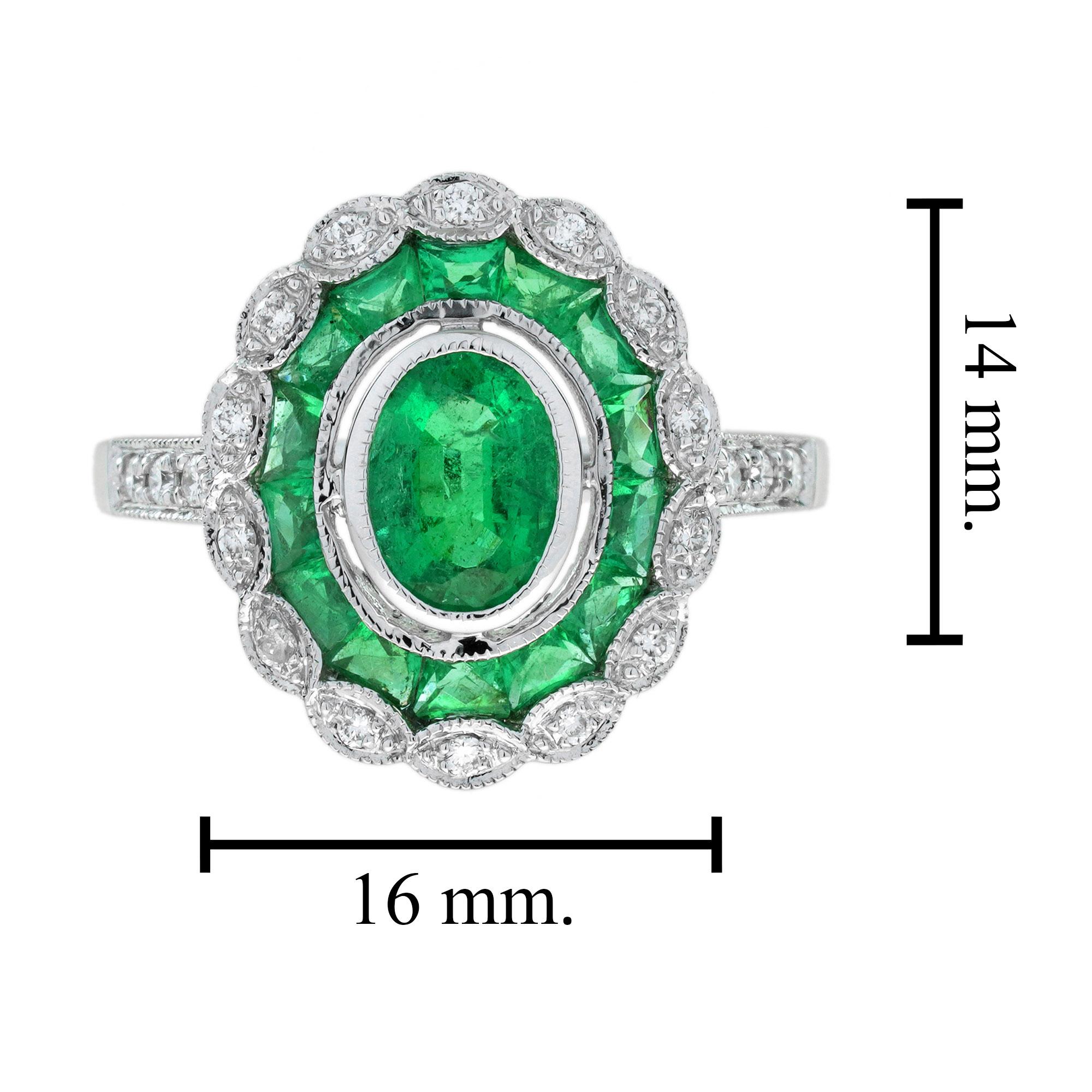 Emerald Diamond Art Deco Style Halo Engagement Ring in 14K White Gold en vente 1