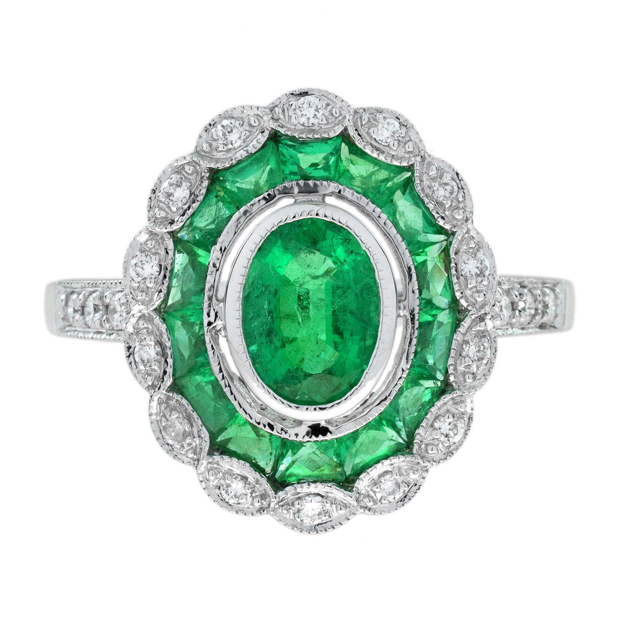 Emerald Diamond Art Deco Style Halo Engagement Ring in 14K White Gold