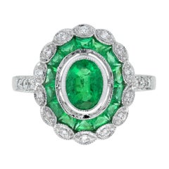 Emerald Diamond Art Deco Style Halo Engagement Ring in 14K White Gold