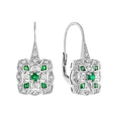 Emerald Diamond Art Deco Style Pendant and Earrings Jewelry Set in 14K White Gol