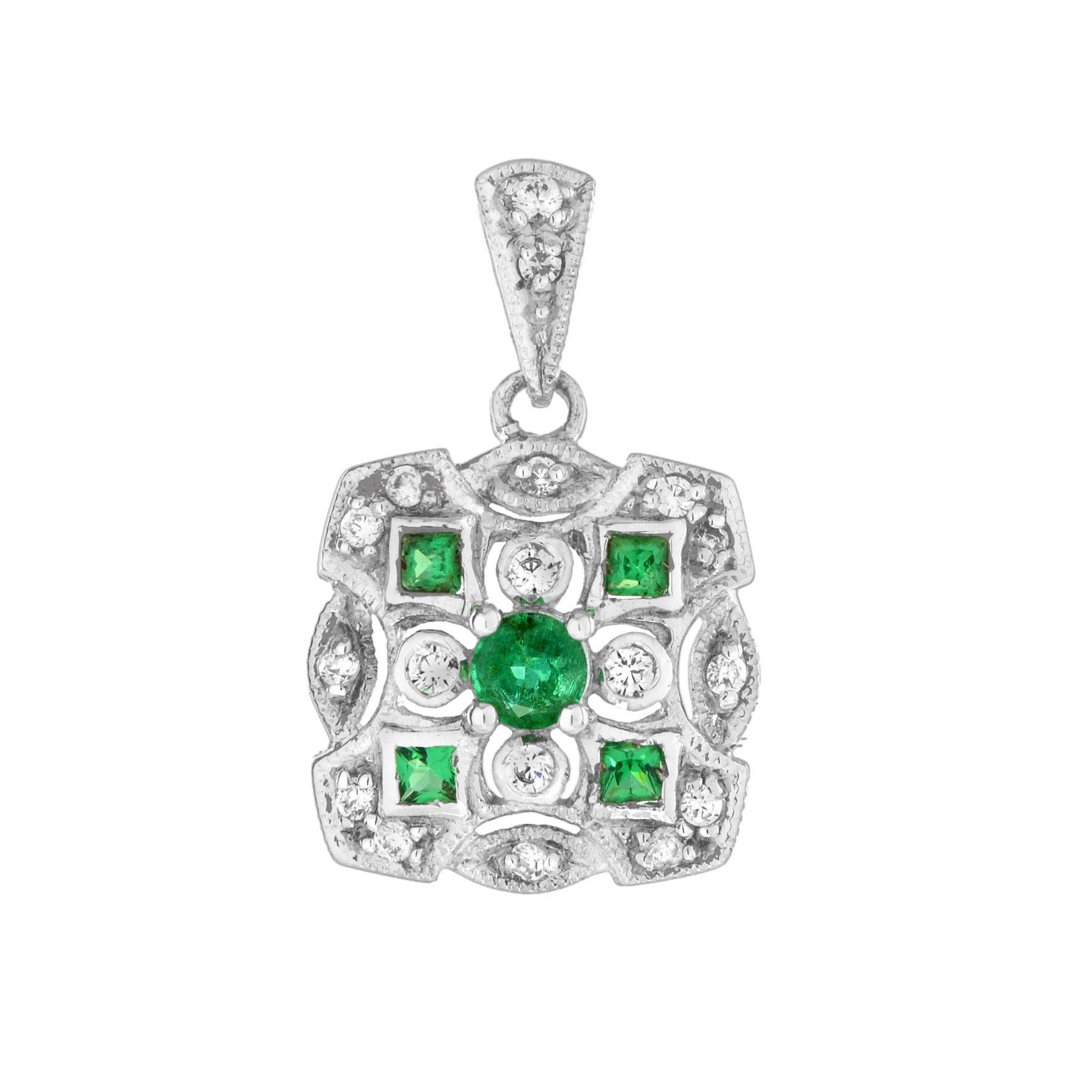 Pendentif et boucles d'oreilles Emeraude Diamant Style Art Déco en or blanc 14K en vente 1