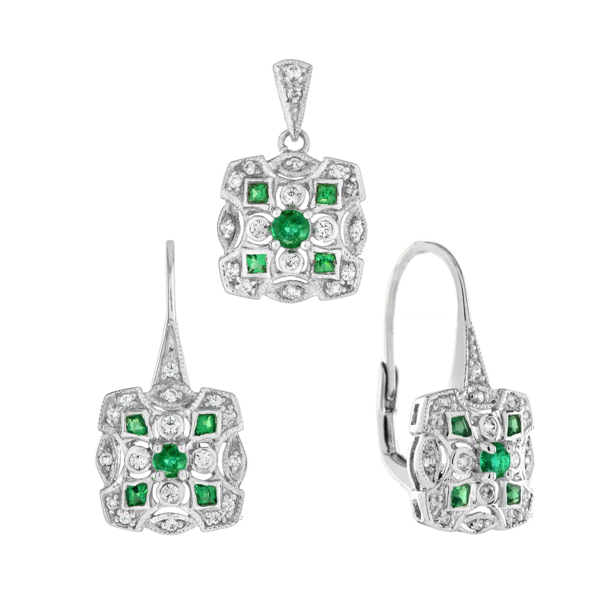 Pendentif et boucles d'oreilles Emeraude Diamant Style Art Déco en or blanc 14K