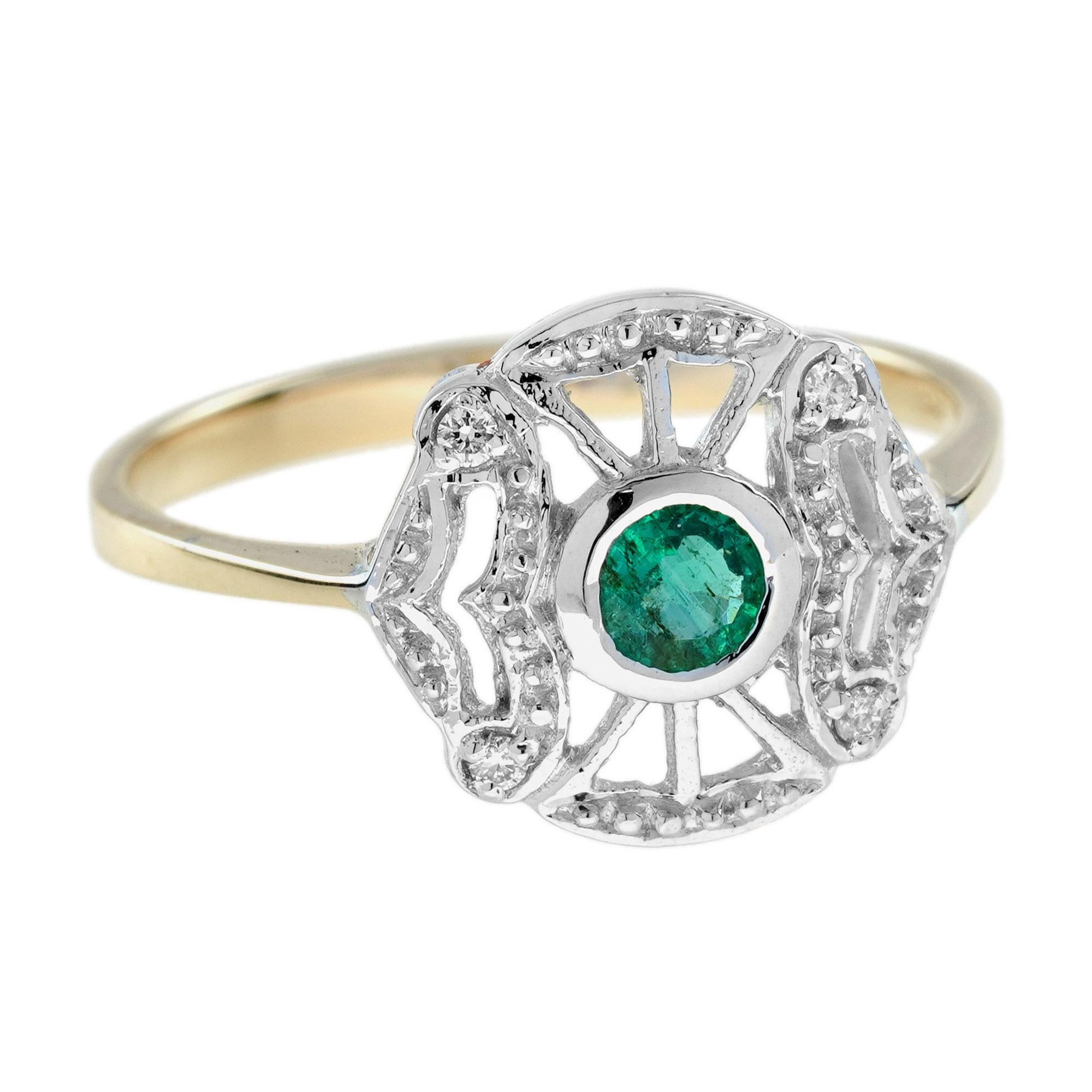 Smaragd-Diamant-Ring im Art-Déco-Stil aus 14K zweifarbigem Gold mit Smaragd (Art déco) im Angebot