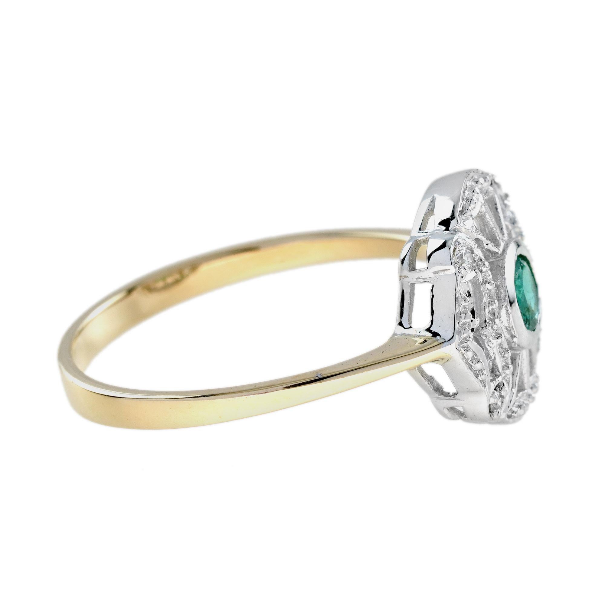 Smaragd-Diamant-Ring im Art-Déco-Stil aus 14K zweifarbigem Gold mit Smaragd (Rundschliff) im Angebot