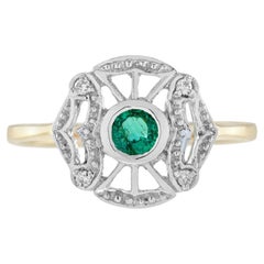 Emerald Diamond Art Deco Style Ring in 14K Two Tone Gold