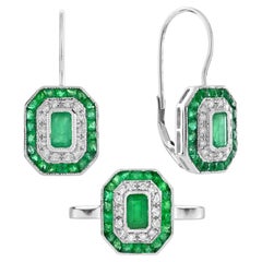 Anello con diamante smeraldo in stile Art Deco, orecchini a leva, set di gioielli in oro 14K