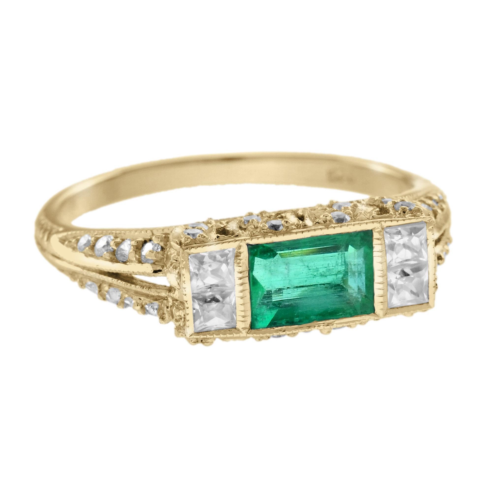 Une émeraude vibrante occupe le devant de la scène, sa riche teinte verte rayonnant d'une élégance et d'une sophistication intemporelles. Flanqué délicatement de diamants étincelants, le design équilibre parfaitement la couleur audacieuse et la