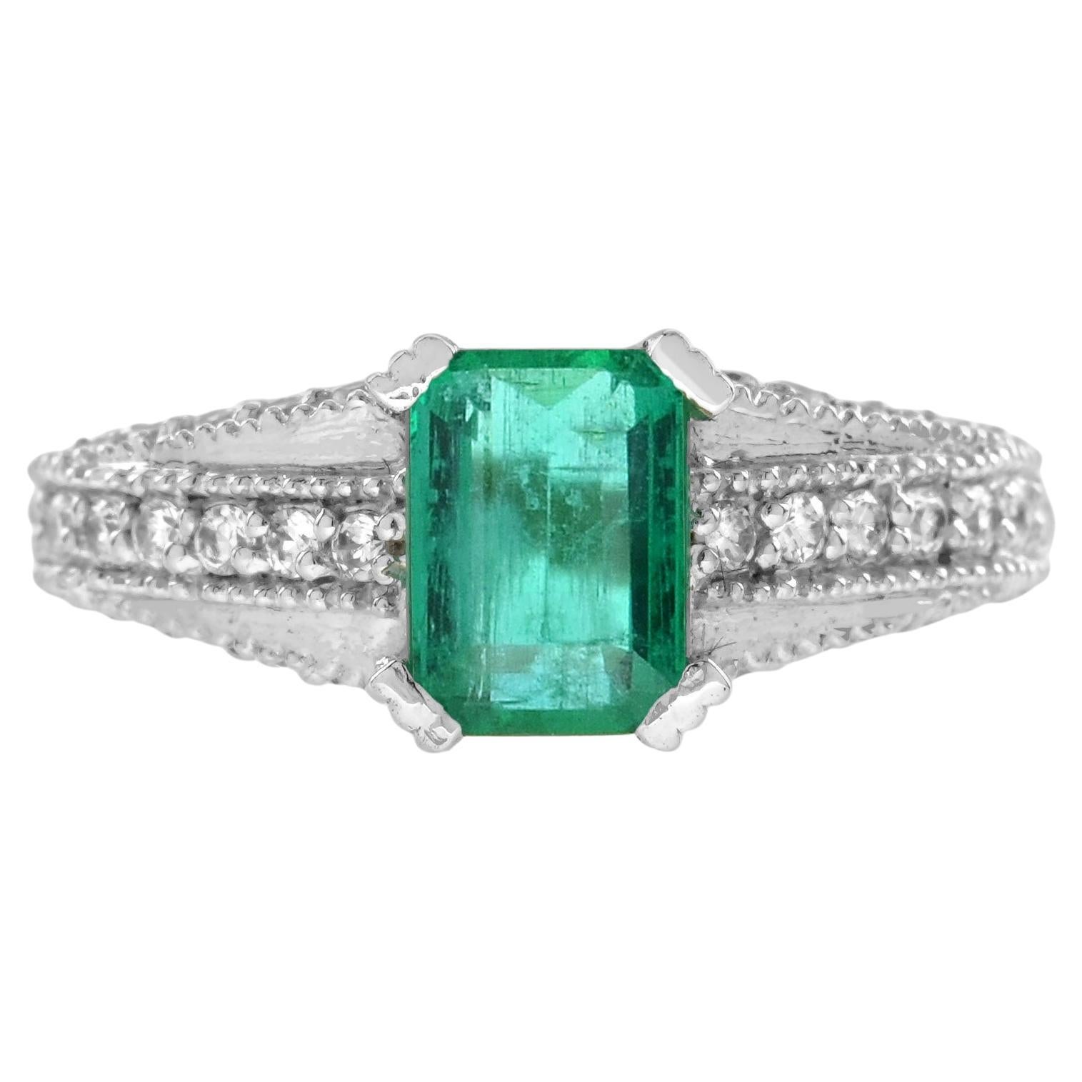 Smaragd & Diamant Art Deco Stil Solitär Vintage Inspiriert 14K Weißgold Ring