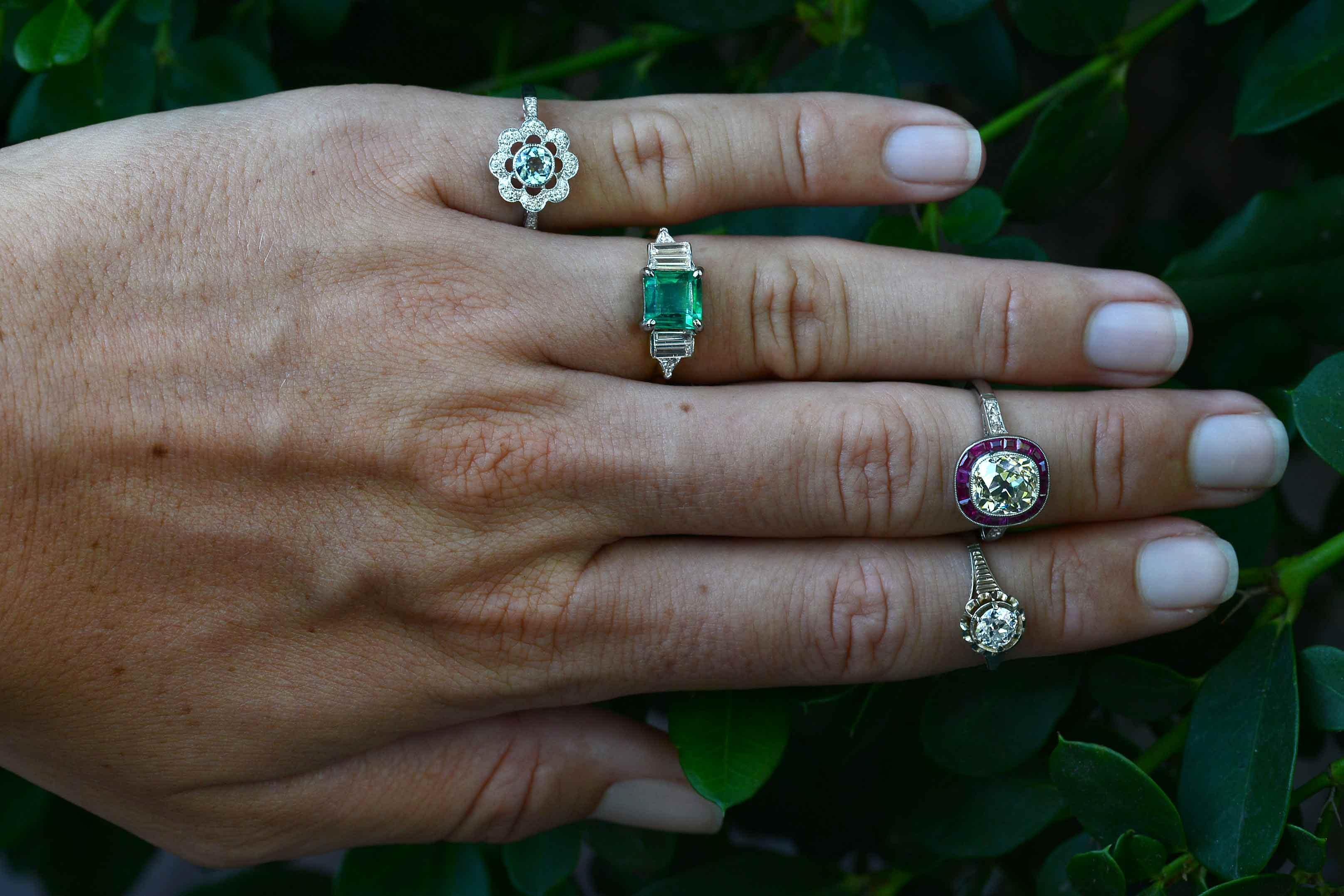 The Monterey Vintage Engagement Ring. Why not a gemstone engagement ring? The Art Deco era produced some of the most striking and geometric jewelry and this lush, vibrant & significant emerald delivers in a big way. You just can't keep your eyes off
