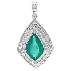 Emerald Diamond Baguette Pendant 18k White Gold Necklace, Emerald Pendant Gold