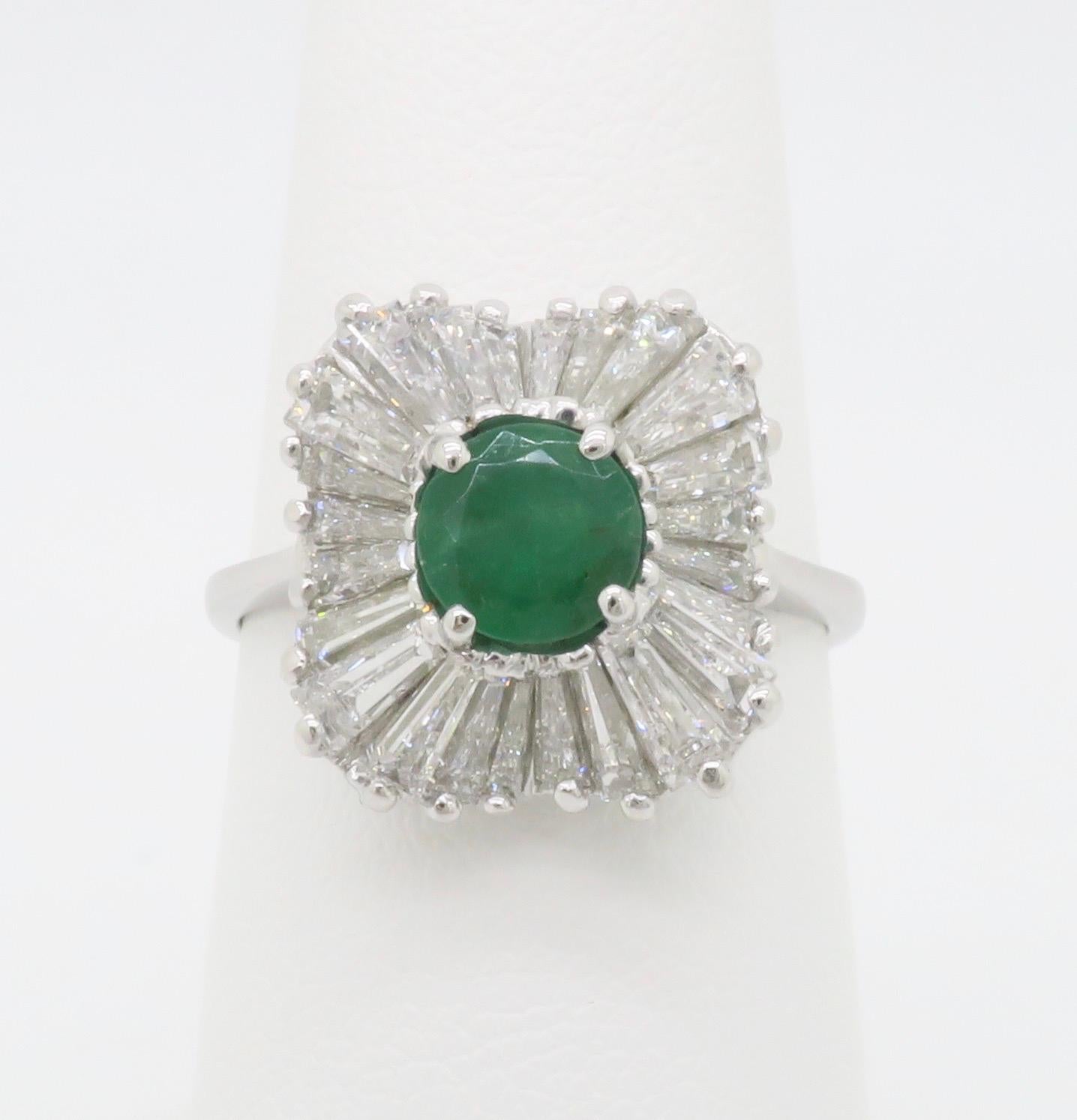 Baguette Cut Emerald & Diamond Ballerina Ring in White Gold  For Sale