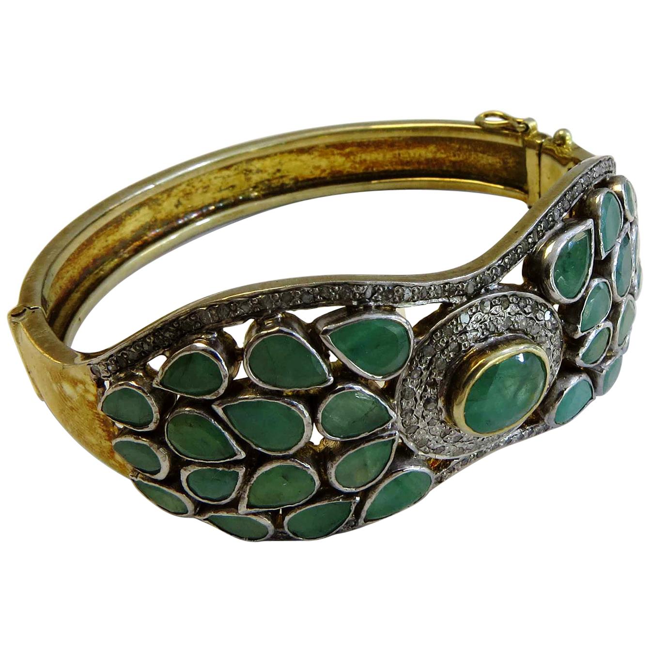 Emerald, Diamond Bangle Bracelet 18 Karat Gold on Silver For Sale