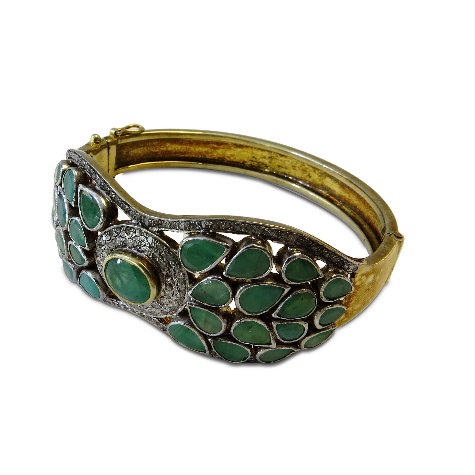 Emerald, Diamond Bangle Bracelet 18 Karat Gold on Silver In New Condition For Sale In Jackson Heights, NY