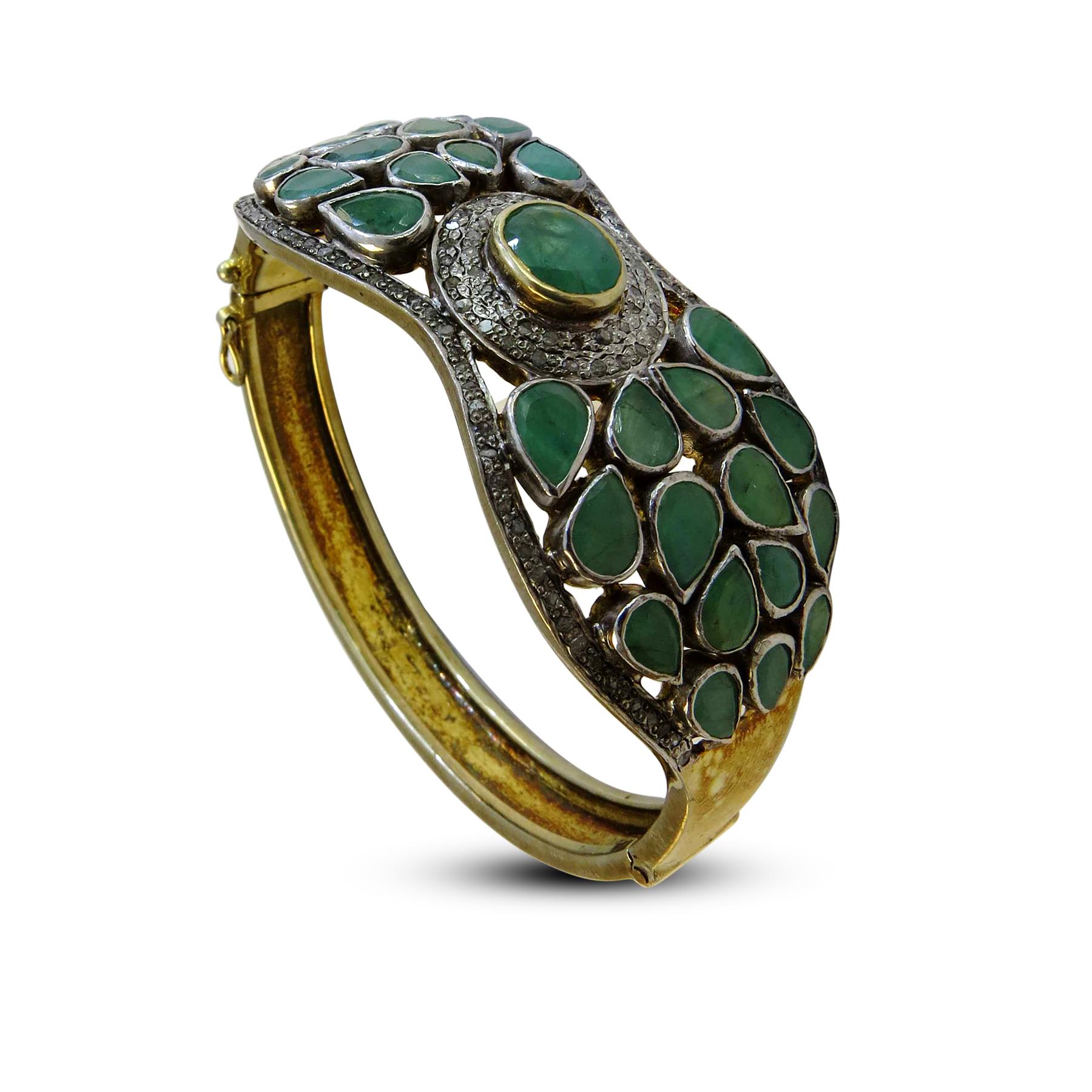 Women's or Men's Emerald, Diamond Bangle Bracelet 18 Karat Gold on Silver For Sale