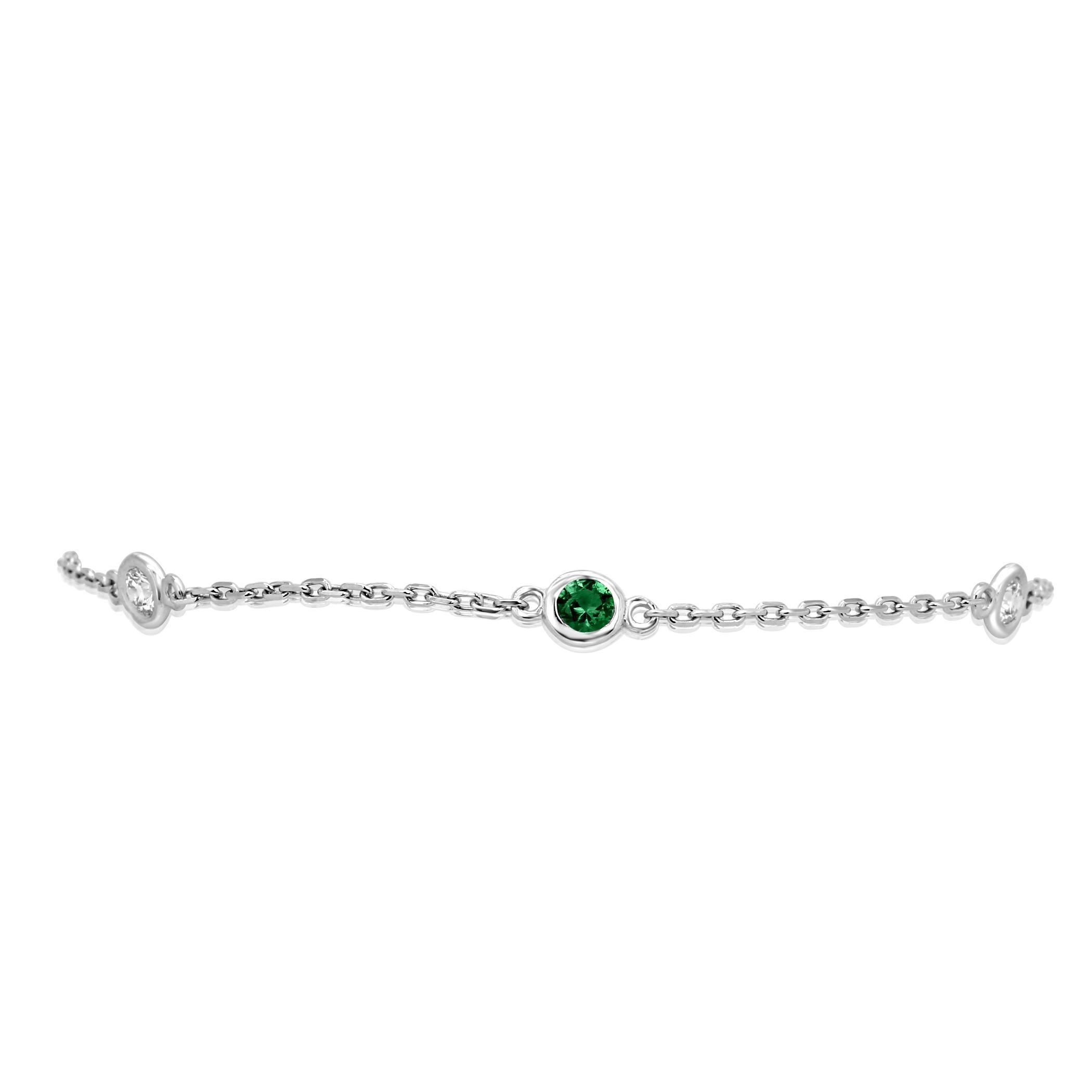 Emerald Rounds 0.30 Carat and White Diamond Rounds 0.17 Carat in Bezel set Diamond By Yard Style Bracelet and Anklet in 14K White Gold.

MADE IN USA
Emerald Weight 0.30 Carat
Total Weight 0.47 Carat