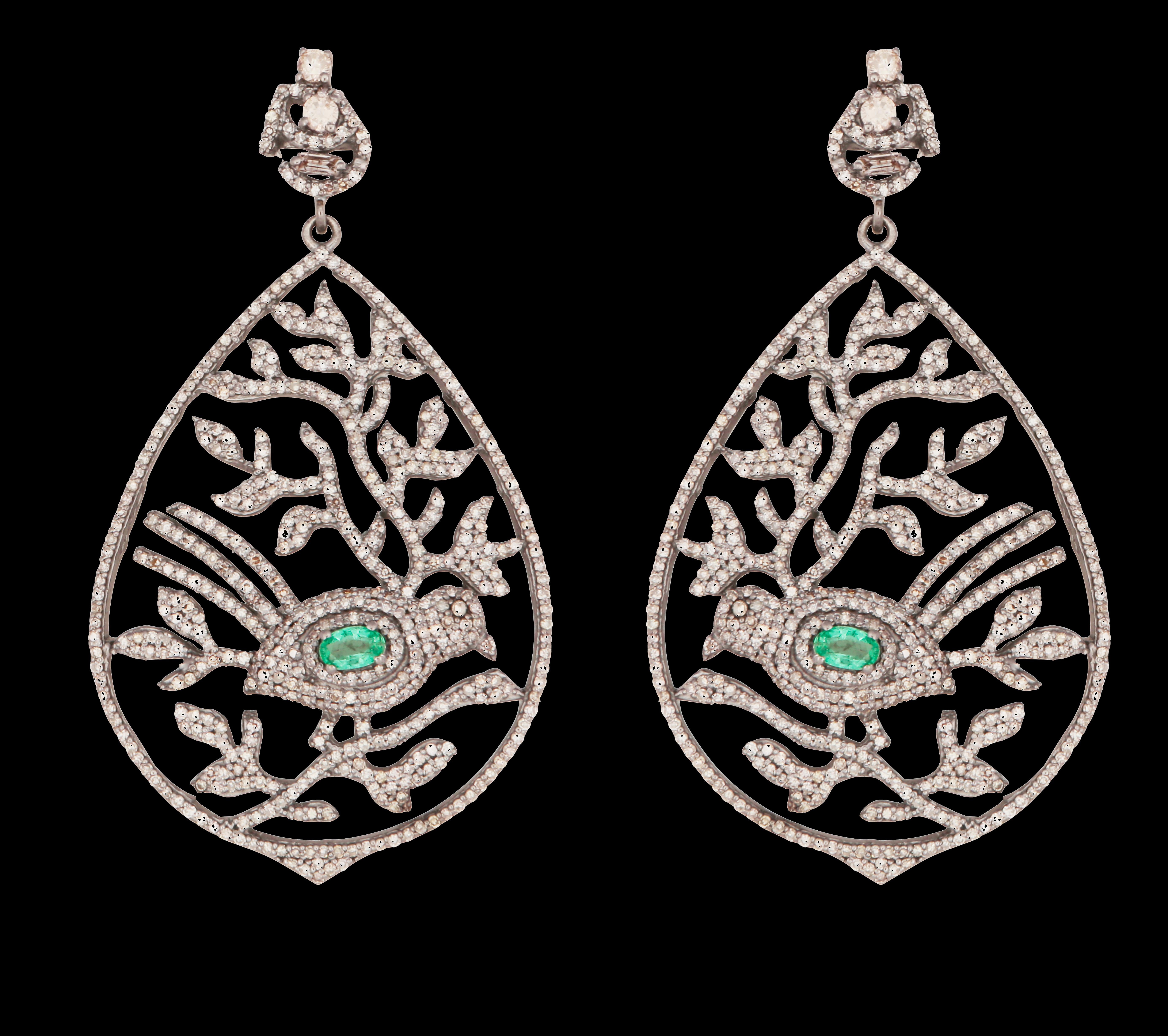 Emerald Cut Emerald & Diamond Bird Leaf Cocktail Earrings