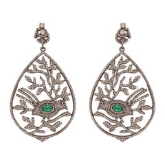 Antique Emerald & Diamond Bird Leaf Cocktail Earrings
