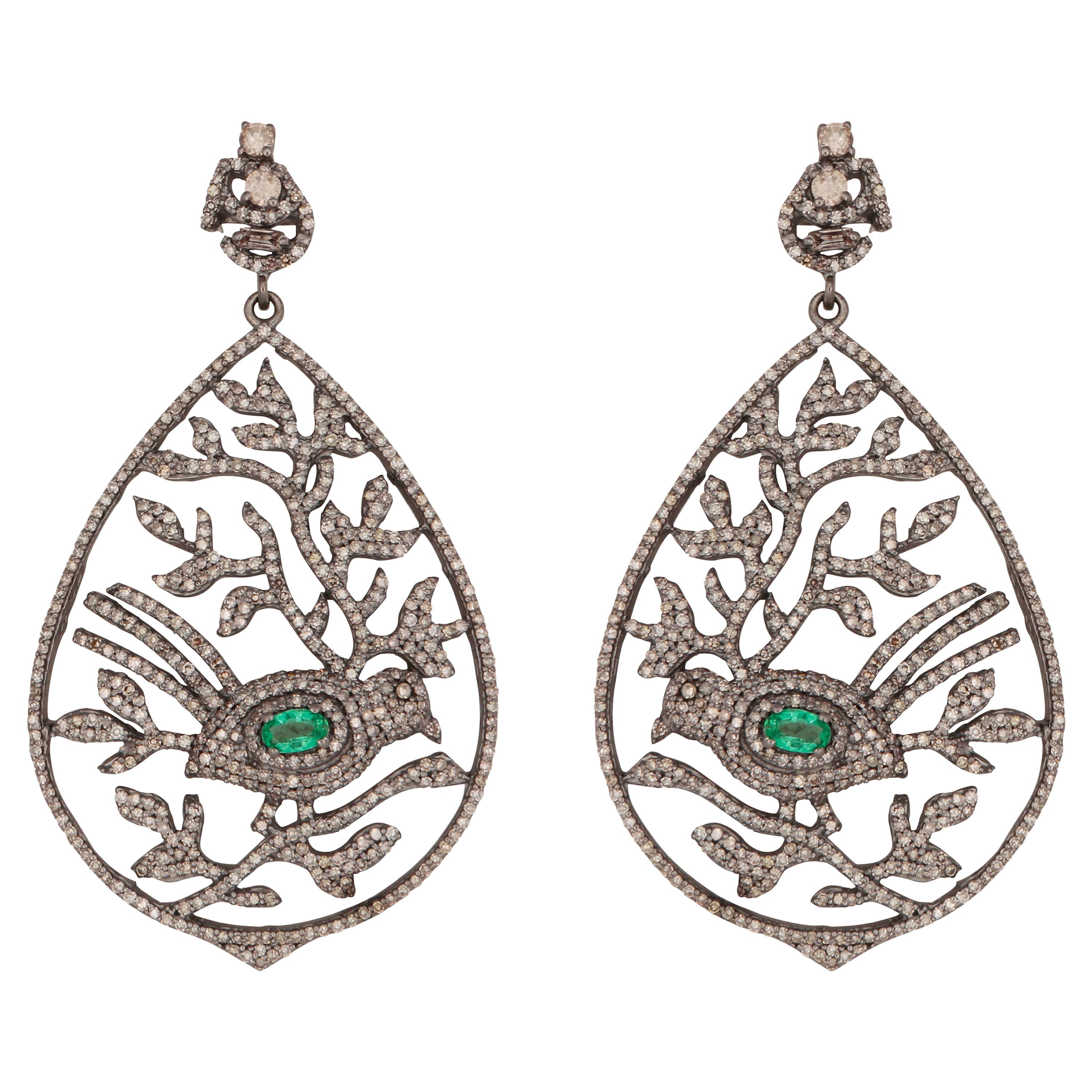Emerald & Diamond Bird Leaf Cocktail Earrings