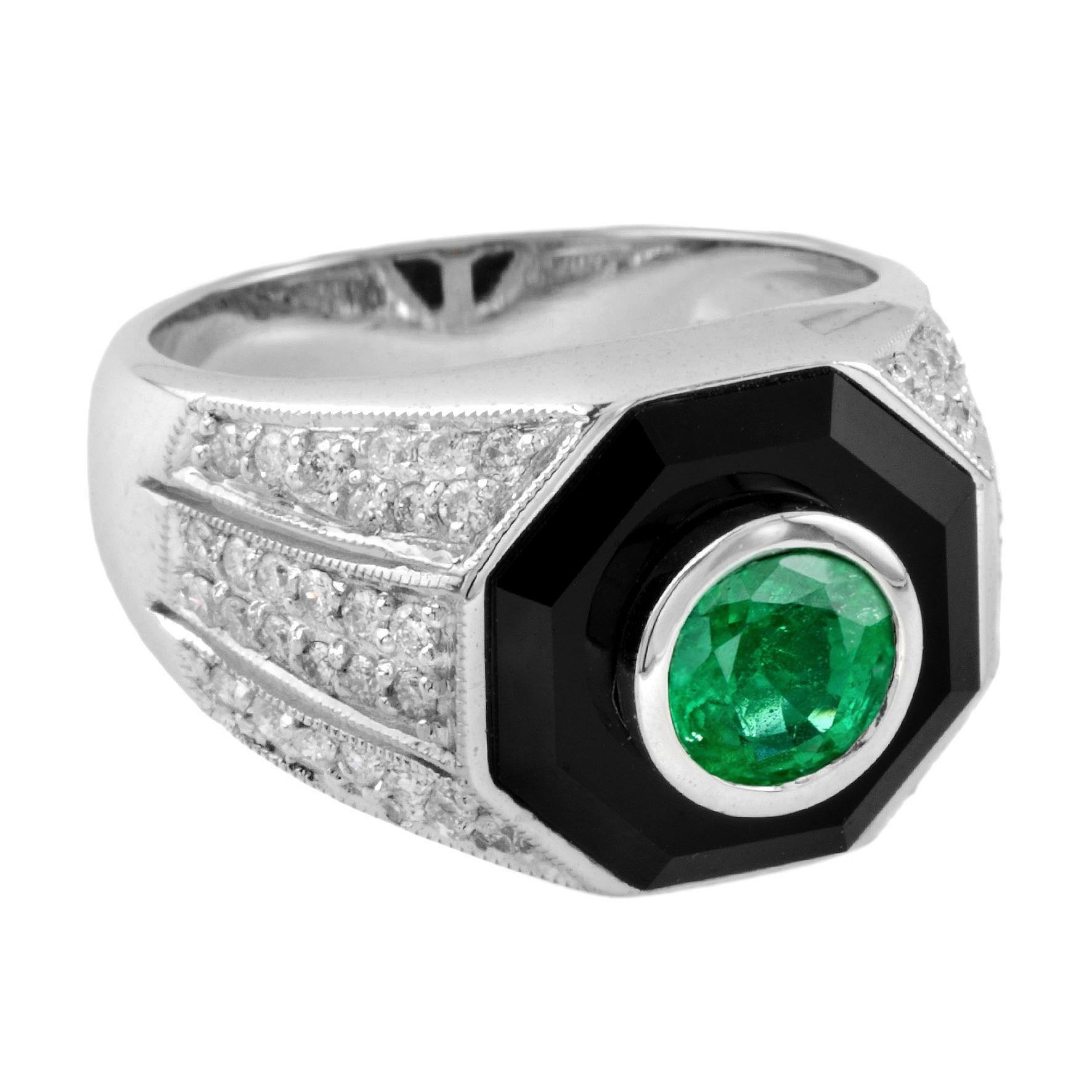 Este anillo en forma de cúpula de estilo Art Decó con esmeralda, diamante y ónice es una pieza audaz y cautivadora. La rica y vibrante esmeralda del centro está rodeada por un llamativo contraste de ónice negro y brillantes diamantes, creando un