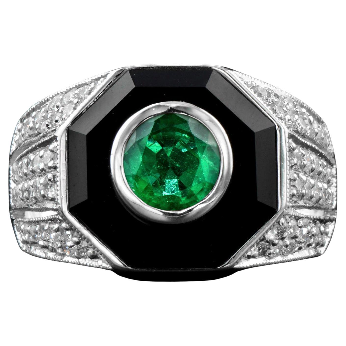 Esmeralda Diamante y Ónix Negro Anillo Cúpula Estilo Art Decó Oro Blanco 14K en venta