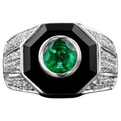 Emerald Diamond & Black Onyx Art Deco Style Dome 14K White Gold Ring
