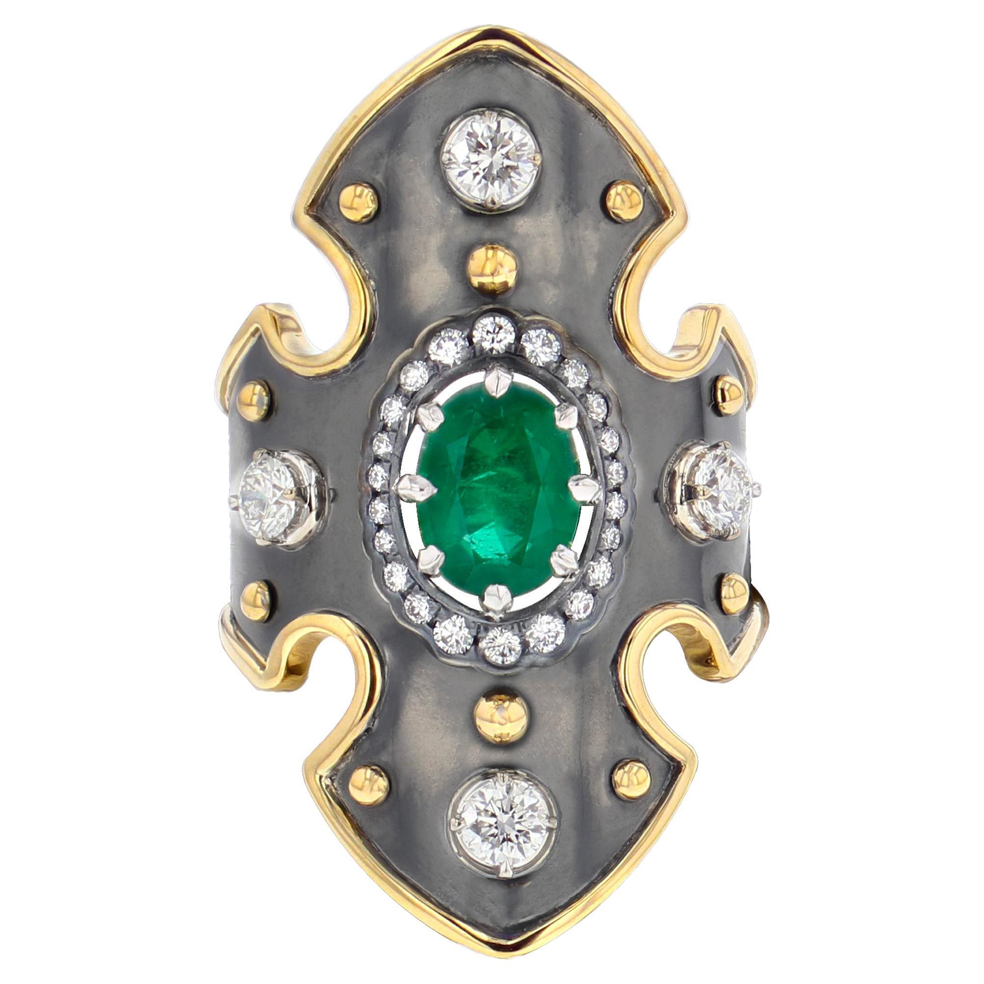 Emerald & Diamond Bouclier Ring in 18k Gold by Elie Top For Sale