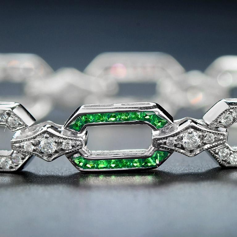 Rough Cut Emerald and Diamond Art Deco Style Chain Bracelet in 18K White Gold For Sale