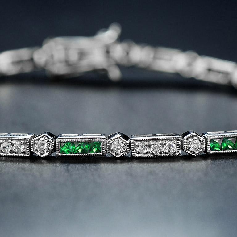 French Cut Emerald and Diamond Art Deco Style Link Bracelet in 18K White Gold For Sale