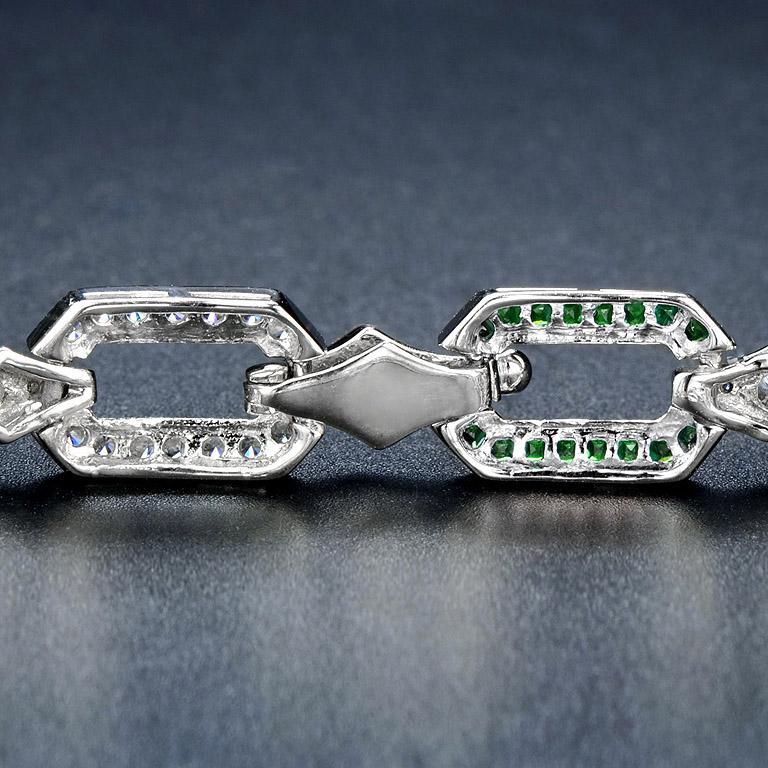 Emerald and Diamond Art Deco Style Chain Bracelet in 18K White Gold For Sale 1