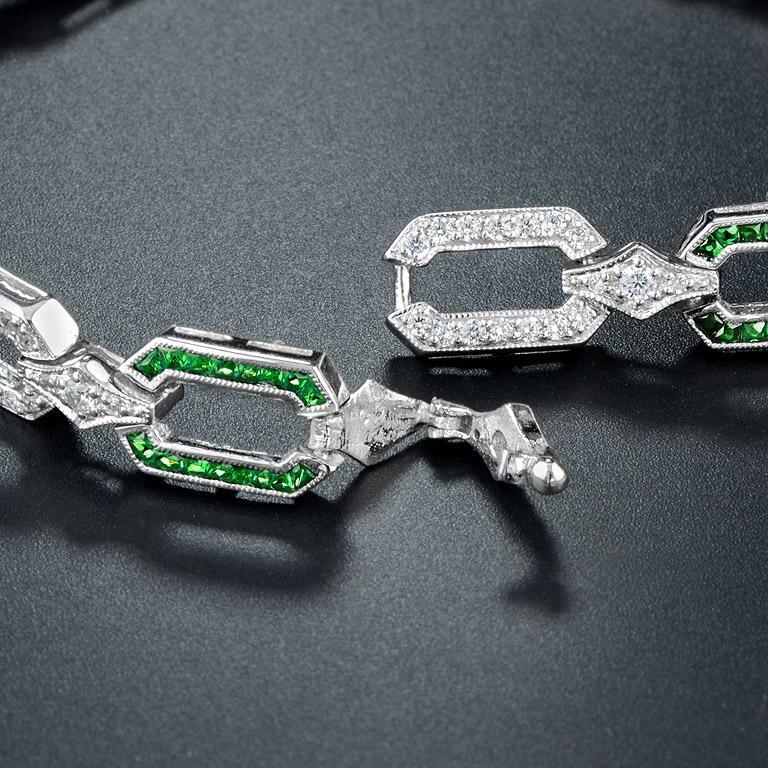 Emerald and Diamond Art Deco Style Chain Bracelet in 18K White Gold For Sale 3