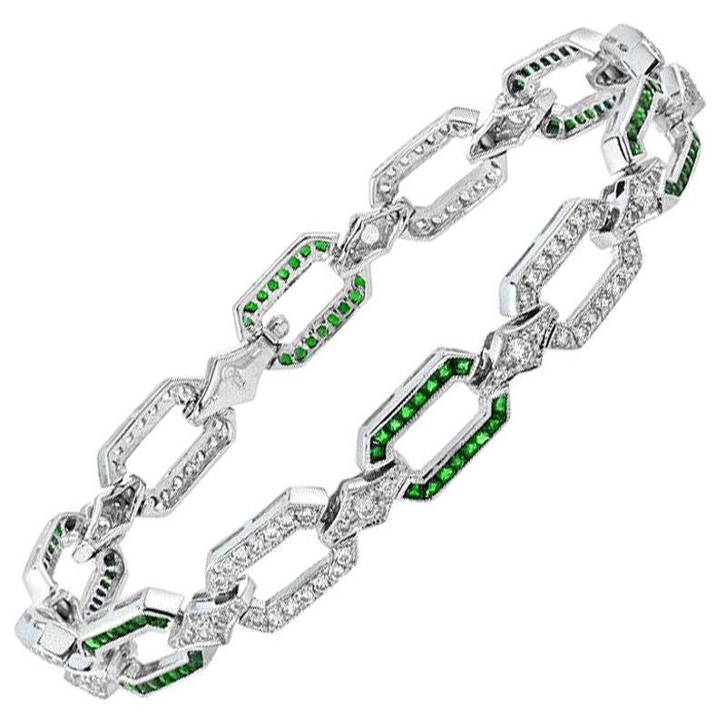 Emerald and Diamond Art Deco Style Chain Bracelet in 18K White Gold