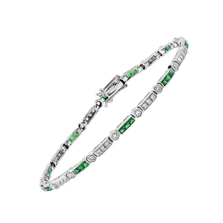 Emerald and Diamond Art Deco Style Link Bracelet in 18K White Gold For Sale