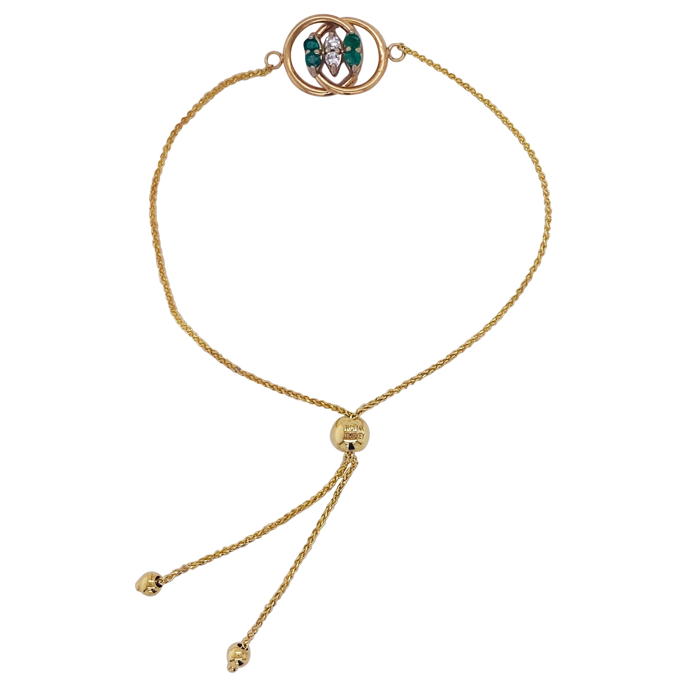 Pulsera de Diamantes Esmeralda en Oro Amarillo de 14k Talla Única Ajustable en venta