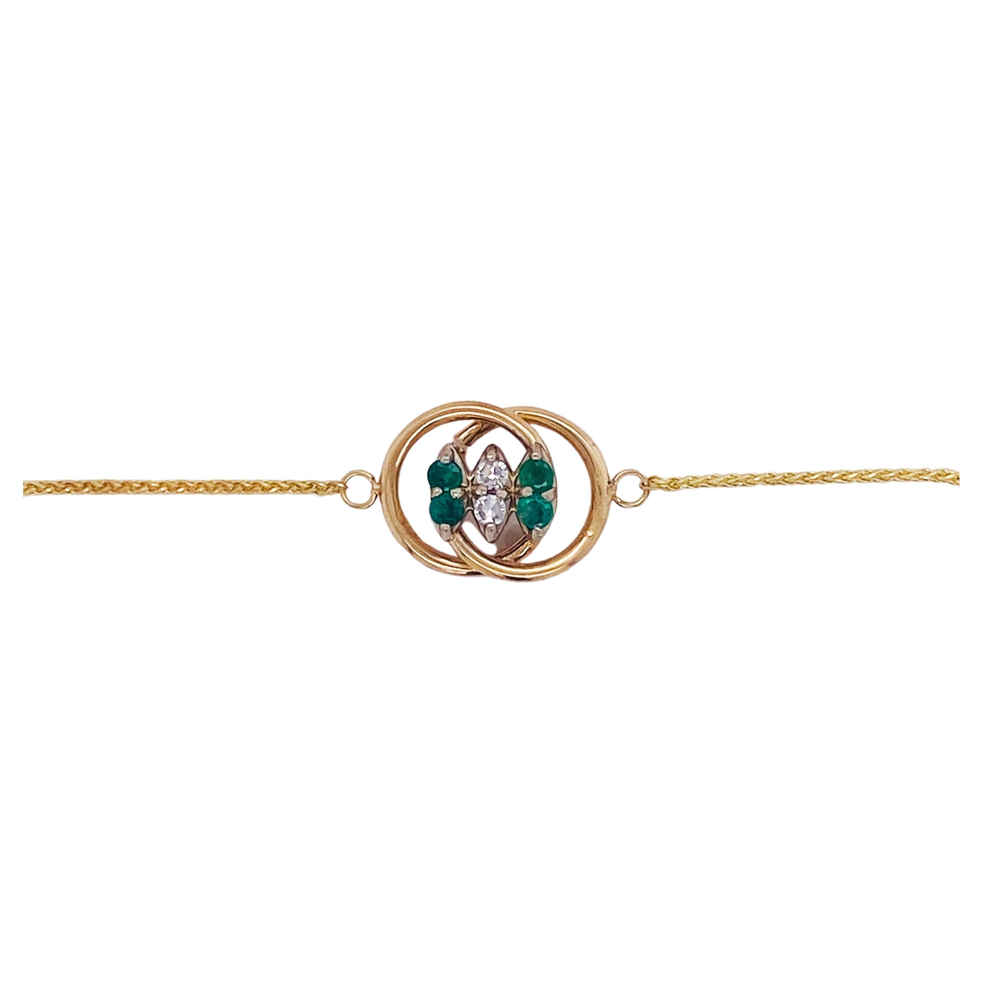 This 14 karat yellow gold bracelet matches everything and is the perfect addition to any outfit, casual or formal. The emerald and diamond pendant adds a cute touch and pop of color! It has 0.08 ct emeralds and 0.04 ct diamonds. The bolo clasp on