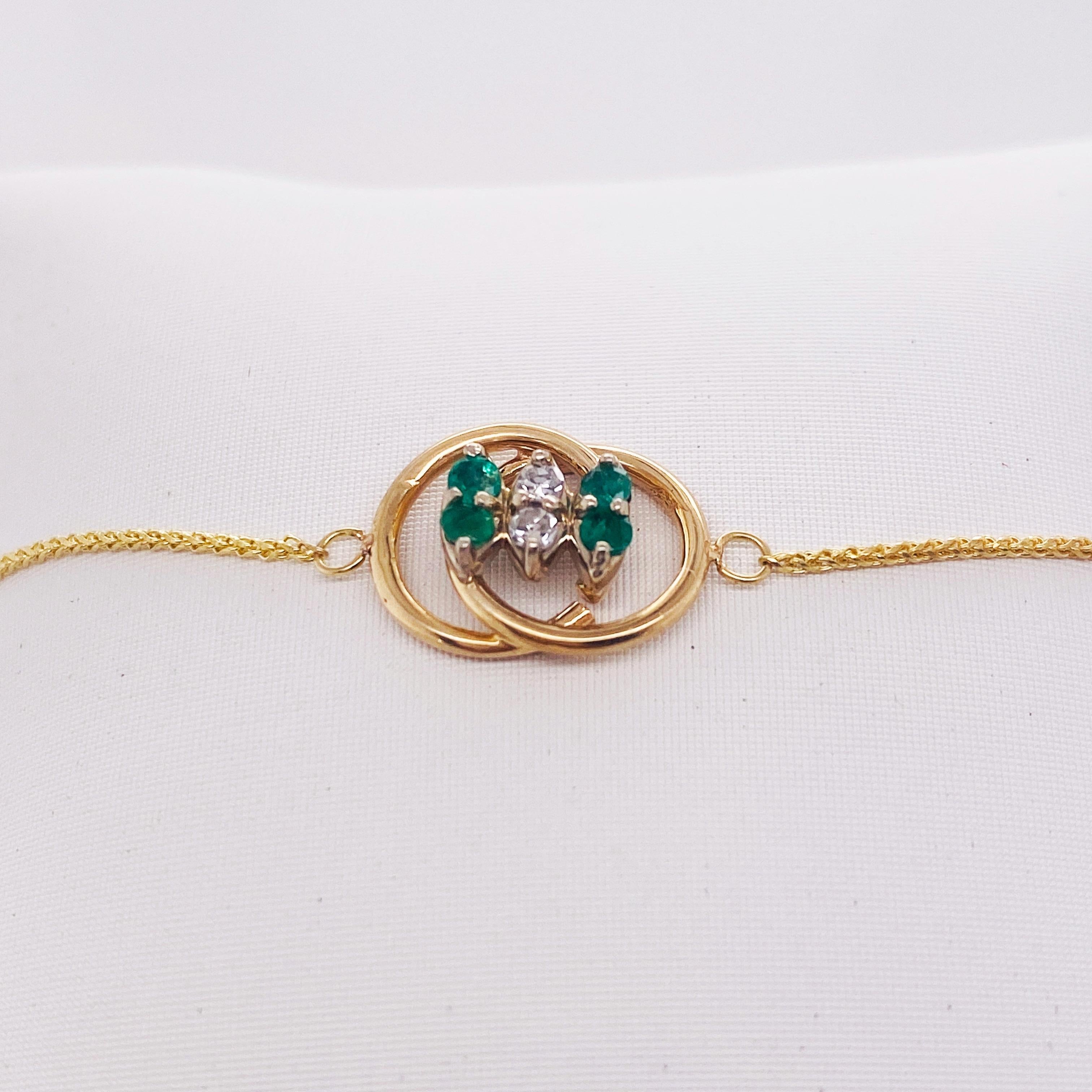 Modern Emerald Diamond Bracelet in 14k Yellow Gold One-of-a-kind Adjustable Sizing For Sale