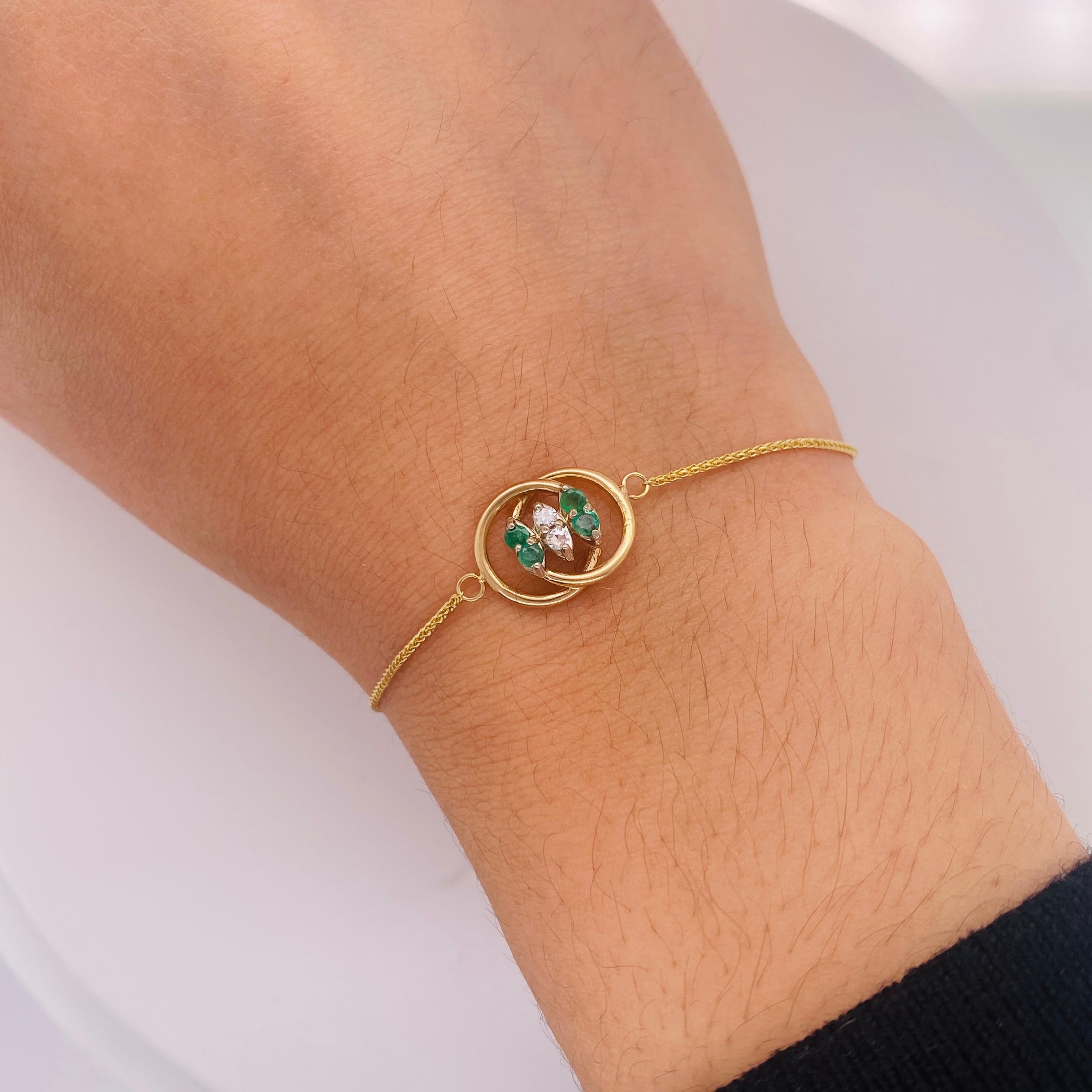 Smaragd-Diamant-Armband aus 14k Gelbgold, einzigartig, verstellbar (Rundschliff) im Angebot