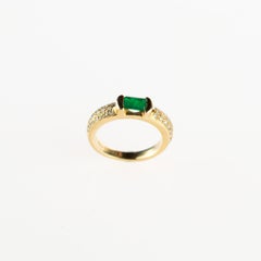 Emeraude Diamant Taille Brillante Or 18 Karat Cocktail Solitaire Bague Vintage