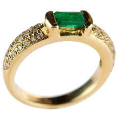 Emeraude Diamant Taille Brillante Or 18 Karat Cocktail Solitaire Bague Vintage