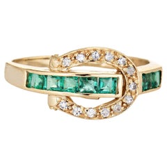 Emerald Diamond Buckle Ring Vintage 14k Yellow Gold Fine Jewelry