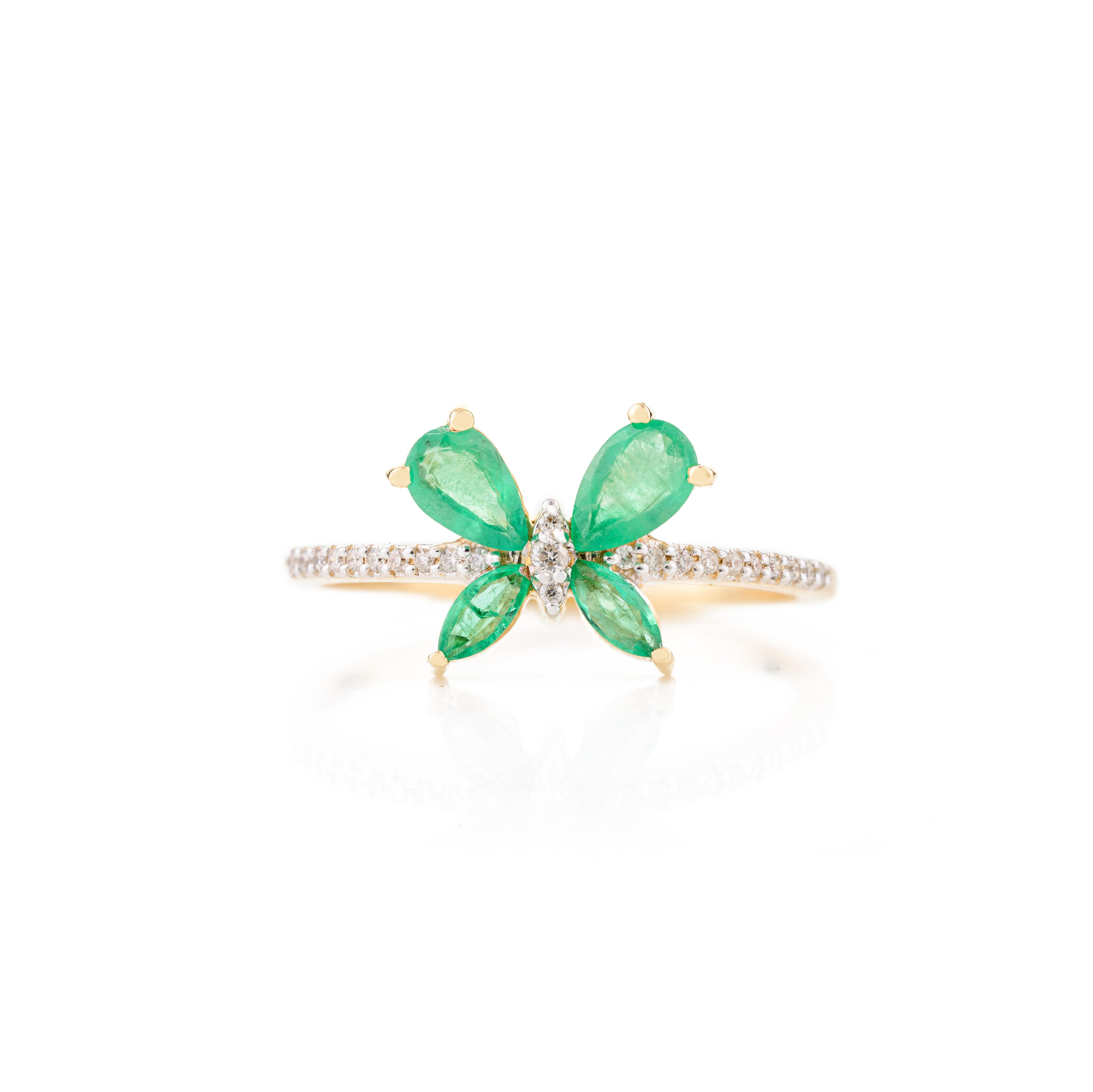 For Sale:  Emerald Diamond Butterfly Everyday Ring in 18k Solid Yellow Gold Holiday Gift 3